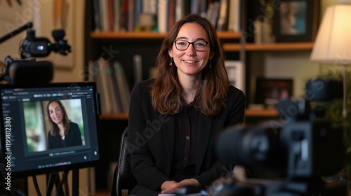 college professor hosting a virtual Q and A session, answering students' questions in a lively video call, webcam view of a professional setup with warm lighting photo