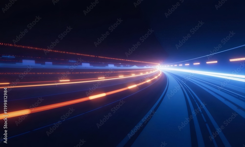 Futuristic highway, night drive, data stream, speed.