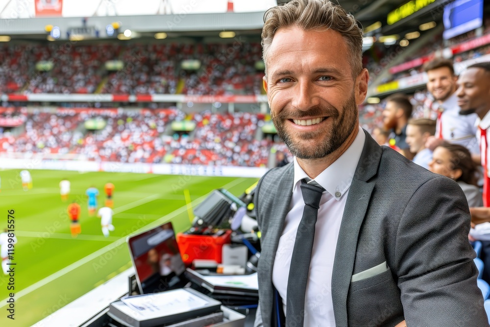A man in a suit and tie is smiling at the camera in front of a soccer field A man in a suit and tie is smiling at the camera in front of a soccer field