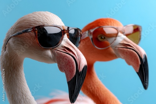 Flamingos wearing sunglasses pose playfully against a bright blue background during a sunny afternoon