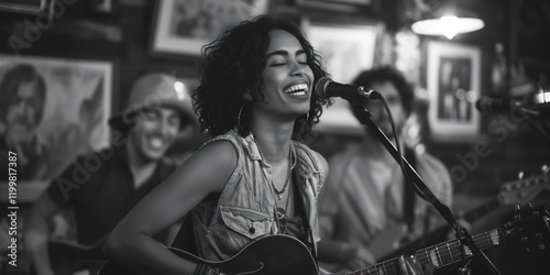 Black and white capture of woman singing and playing guitar during live music performance
