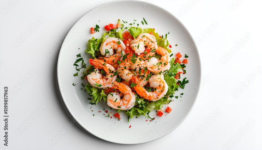 Top view, isolated on white background, of a plate of shrimp cocktail Top view, isolated on white background, of a plate of shrimp cocktail