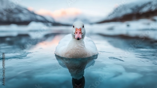 A stunning image of a swan gracefully gliding on icy water, framed by majestic mountains under a pastel sky, capturing the essence of nature's serene beauty. photo