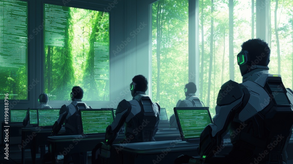 Fototapeta premium Futuristic Classroom with Students Engaged in Digital Learning