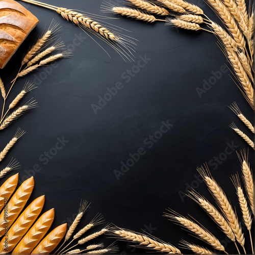 Background with wheat and empty space for text. Harvest festival, lugnasad, lammas, grain harvest festival, bread day. Farmer's bread. growing grain crops photo