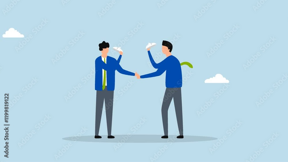 Dishonesty partnership, 4k animation of businessmen shake hands, both wearing masks to conceal true intentions. Dishonesty partnership, 4k animation of businessmen shake hands, both wearing masks to conceal true intentions.