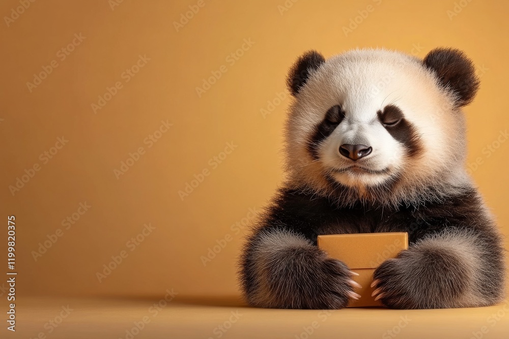 Obraz premium Cute panda holding a small box against a warm yellow background in a playful setting