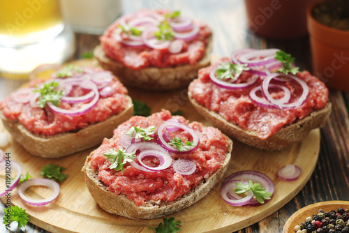 Traditional German sandwiches with minced meat Mettbroetchen	 photo