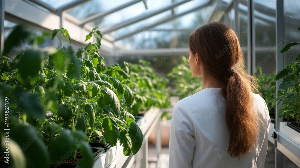 A female innovator in agricultural technology, demonstrating cutting-edge equipment in a modern, thriving greenhouse. A female innovator in agricultural technology, demonstrating cutting-edge equipment in a modern, thriving greenhouse.