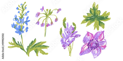 Bilde på lerret Clip art purple flowers drawn with wax crayons on white isolated background