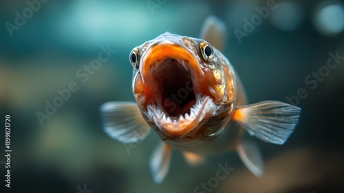 A thrilling visual of a fish swimming underwater, its mouth wide open, revealing sharp teeth, showcasing the fierce and captivating marine life depths. photo