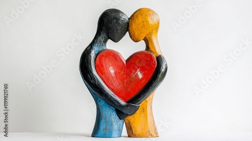 artistic abstract wooden figure couple hugging each other with a big red heart