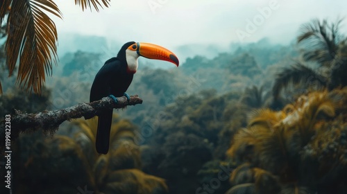 Toucan perched rainforest branch, misty jungle background, wildlife travel poster