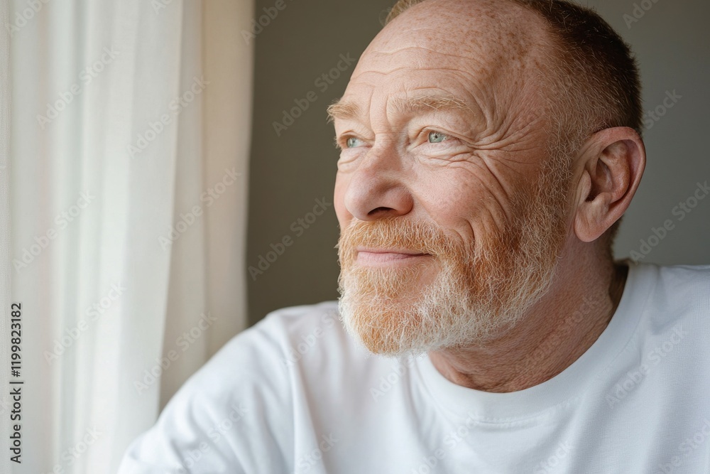 Smiling older man gazes thoughtfully out the window in a light-filled room during morning hours Smiling older man gazes thoughtfully out the window in a light-filled room during morning hours
