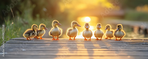 Group of fluffy ducklings waddling along a wooden path at sunset near the waters edge photo