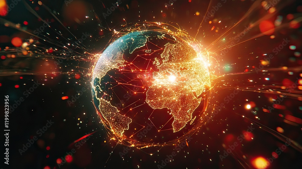 Obraz premium Global network connection, fiery energy, dark space, data visualization, website banner
