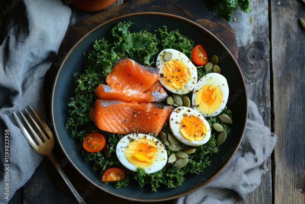 Colorful lunch includes salmon, boiled eggs, and fresh greens on a plate Colorful lunch includes salmon, boiled eggs, and fresh greens on a plate