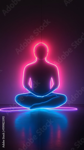 Silhouette of a meditating figure in neon lights. photo