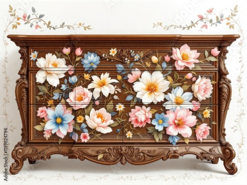 Elegant Hand-Painted Floral Dresser with Intricate Wood Carvings