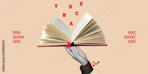 Hand holding open book with letters flying out, symbolizing education, knowledge, or creativity. Minimalist art collage