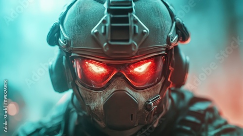 A close-up of a futuristic soldier with intense glowing red eyes, wearing a high-tech helmet and tactical gear, showcasing a sense of determination and intensity. photo