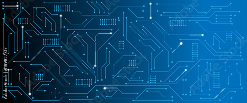 Vector technology lines circuit and dots on blue engineering technology concept vector panorama background.