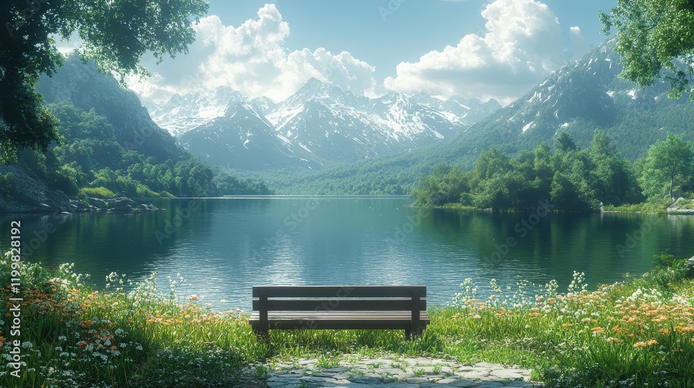 A serene lakeside view with mountains, flowers, and a bench for relaxation. A serene lakeside view with mountains, flowers, and a bench for relaxation.