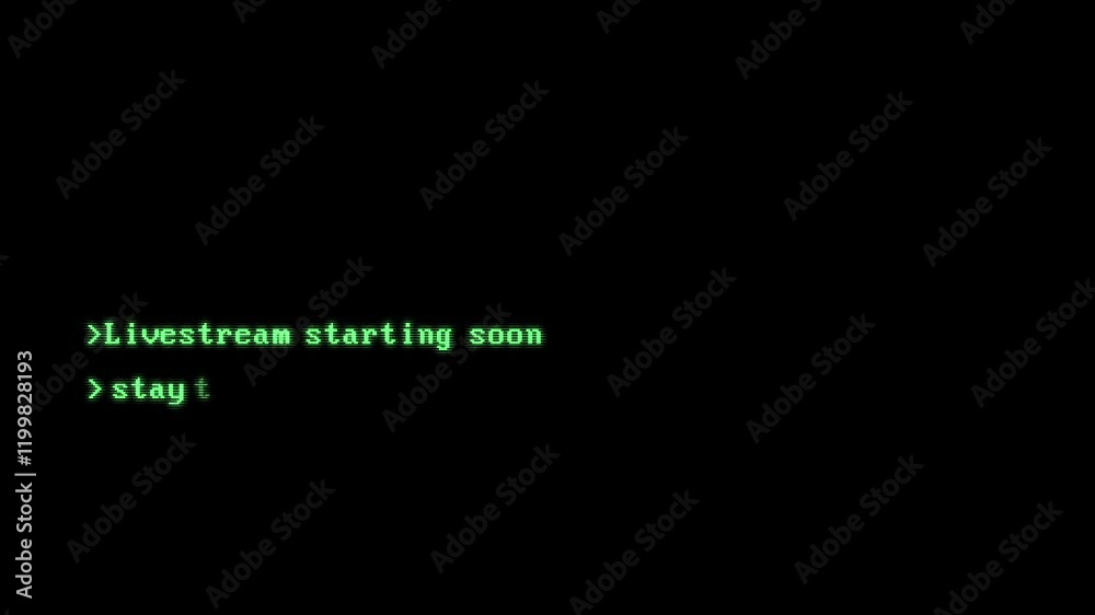 Computer retro style. Text Typing. Livestream screen starting soon. Preloader. Connection breaking up with glitch effect.

