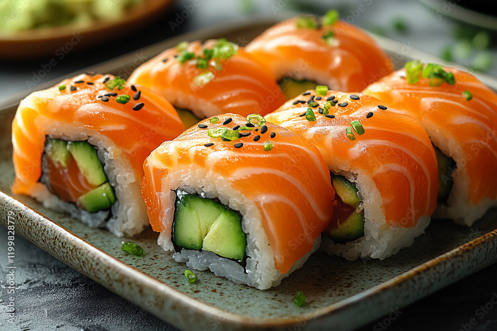 Delicate Sushi Rolls: A Culinary Masterpiece of Fresh Fish, Vibrant Colors, and Exquisite Presentation Delicate Sushi Rolls: A Culinary Masterpiece of Fresh Fish, Vibrant Colors, and Exquisite Presentation