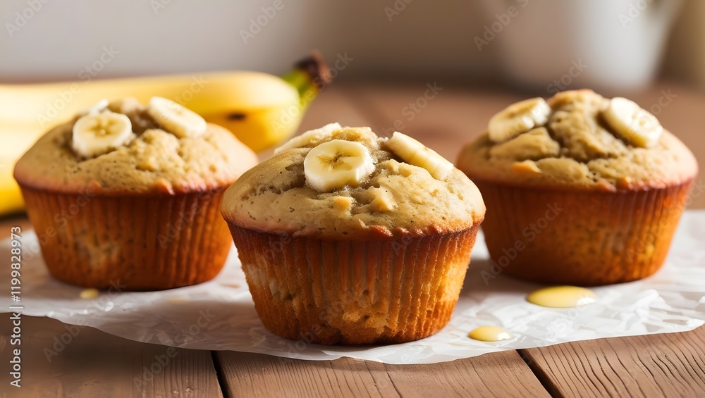 Freshly baked banana muffins with sliced bananas on top, placed on parchment paper. warm, inviting aroma fills air, perfect for breakfast or snack Freshly baked banana muffins with sliced bananas on top, placed on parchment paper. warm, inviting aroma fills air, perfect for breakfast or snack