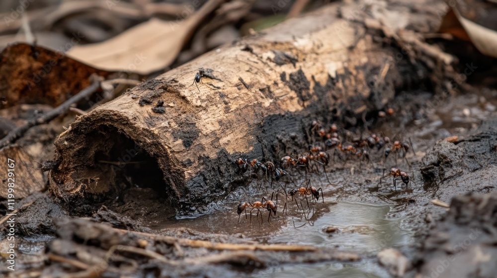 Fototapeta premium Army ants exploring damp forest terrain near fallen log