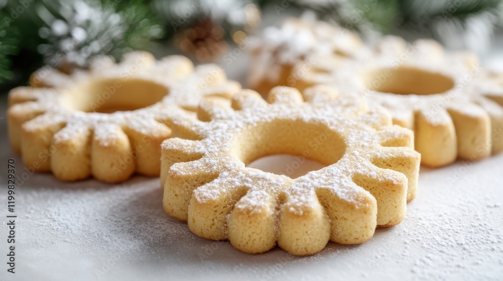 Butter Cookie Wreaths Festive snowflake cookies with powdered sugar amid holiday decor Butter Cookie Wreaths Festive snowflake cookies with powdered sugar amid holiday decor