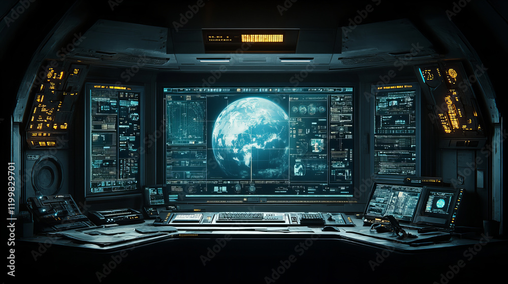 Fototapeta premium futuristic control room featuring advanced technology, large screens displaying Earth, and various monitoring systems. atmosphere is high tech and immersive