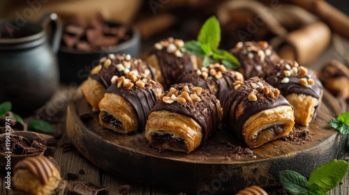 Chocolate Rugelach Delicious chocolate pastries with nut toppings on wooden plate photo