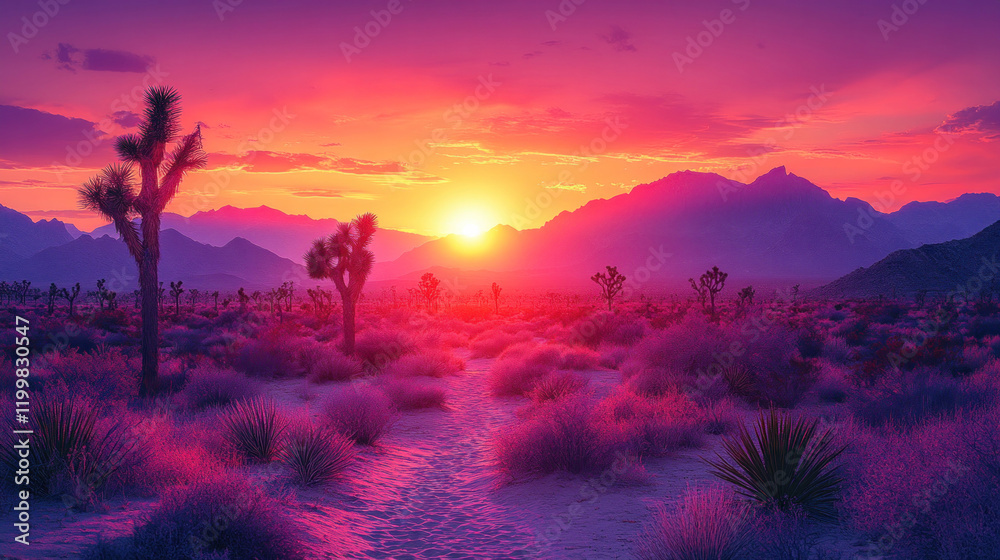 A desert scene at dusk, with silhouettes of Joshua trees under a purple and orange sky A desert scene at dusk, with silhouettes of Joshua trees under a purple and orange sky