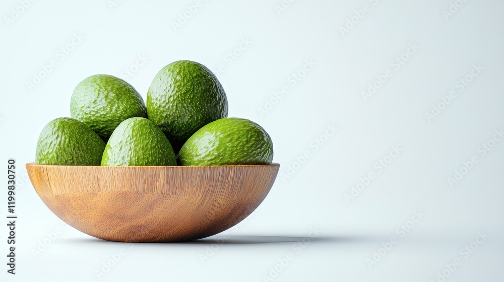 Isolated of a group of fresh avocados arranged in a wooden bowl on a seamless white background Stock Photo with side copy space Isolated of a group of fresh avocados arranged in a wooden bowl on a seamless white background Stock Photo with side copy space
