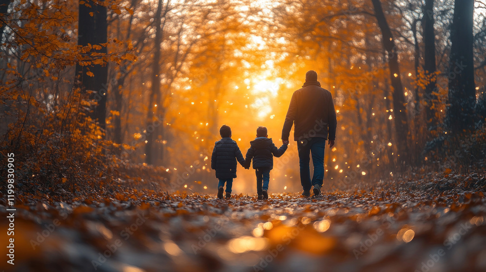 A fall trail covered in golden leaves, with a family walking hand in hand and taking in the autumn beauty A fall trail covered in golden leaves, with a family walking hand in hand and taking in the autumn beauty