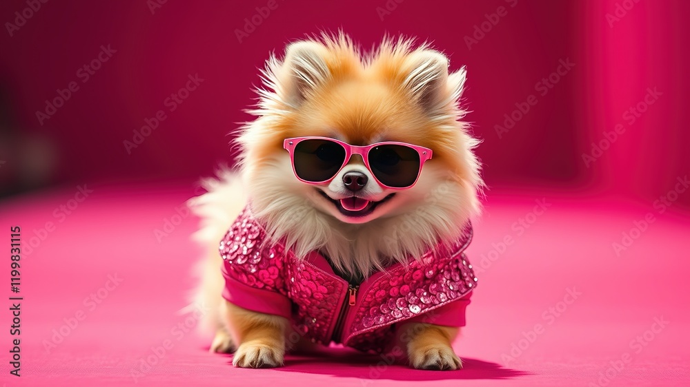 Obraz premium Fluffy Pomeranian in Pink Sequin Jacket and Sunglasses - Magenta Background AI Photo