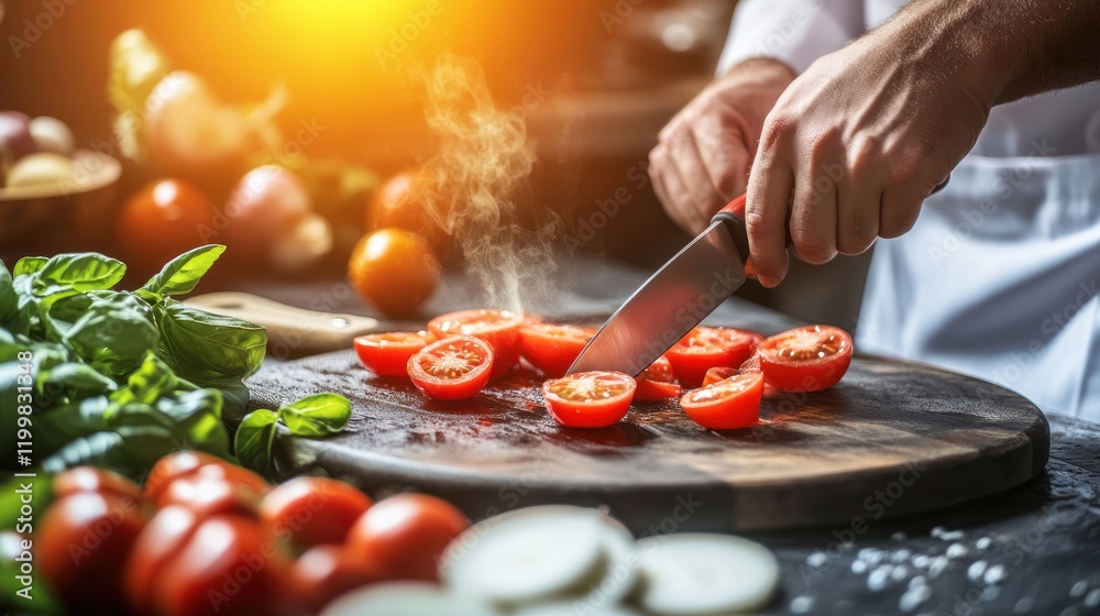 Obraz premium Chef Slicing Tomatoes for Delicious Cuisine
