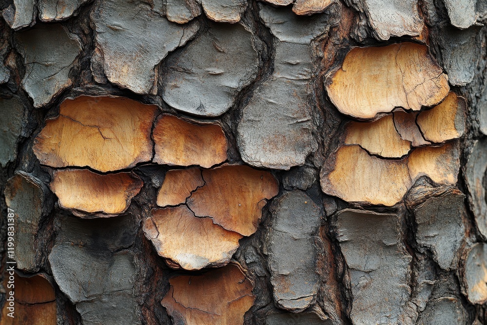 Textured bark of a tree showing patterns in brown and gray colors with peeling sections creating a natural artistic effect Textured bark of a tree showing patterns in brown and gray colors with peeling sections creating a natural artistic effect