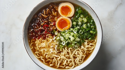 Bowl of shoyu ramen a vibrant mix of toppings captured directly from above