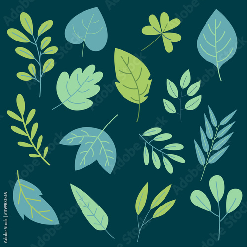 Illustration vectorielle minimaliste de feuilles arrondies dans des tons bleus et verts sur un fond bleu, représentant la nature, l’harmonie et un design convivial et épuré