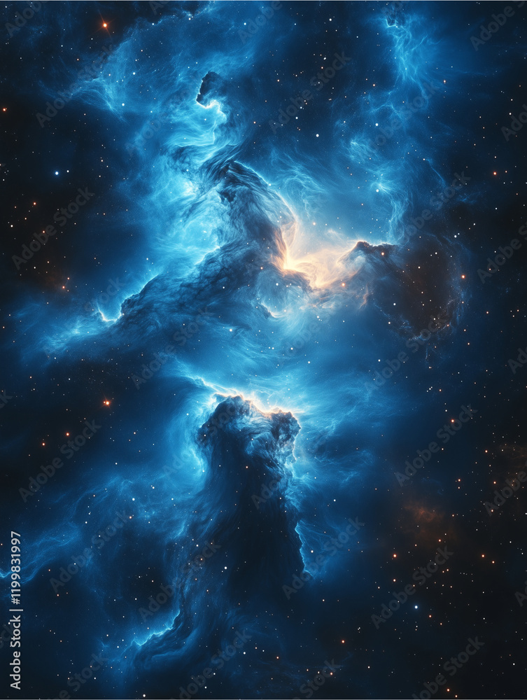 Naklejka premium Cosmic Nebula in Vivid Blue: A breathtaking cosmic nebula, awash in vibrant shades of blue, shimmers with celestial energy.