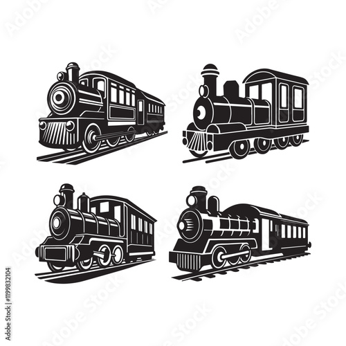 Set of Locomotive train silhouette, black and white silhouette, vector and illustration