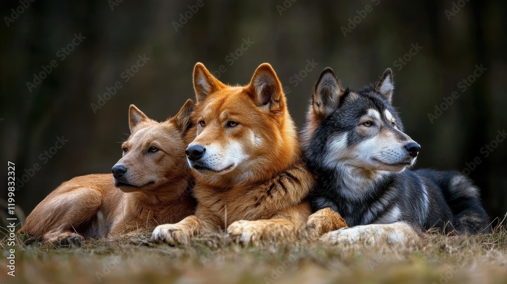 Fototapeta premium Responsible Animal Guardian Month Three diverse dogs lying on grass in natural setting