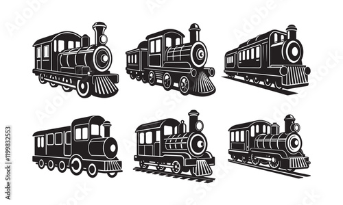 Set of Locomotive train silhouette, black and white silhouette, vector and illustration