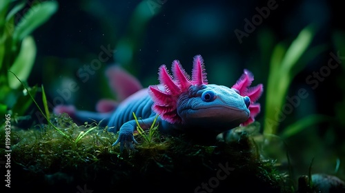 Albino axolotl in aquatic habitat