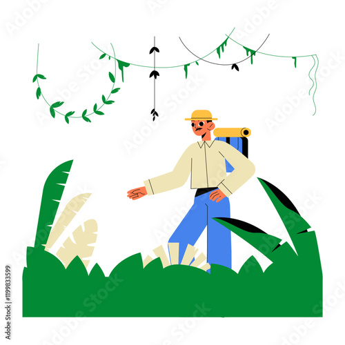 Male Explorer In Jungle With Backpack And Hat In Flat Vector Illustration Symbolizing Adventure, Exploration, And Nature Discovery, Isolated On White Background