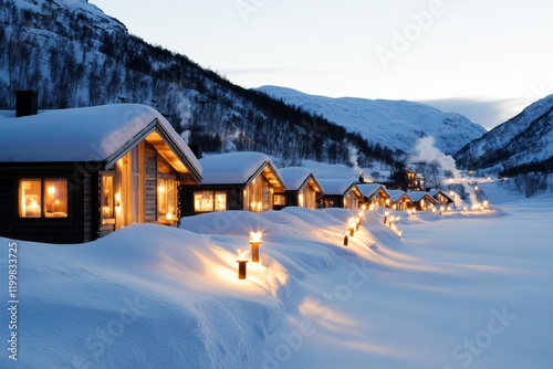 A small village blanketed in snow, with warm lights glowing from cottage windows and smoke rising from chimneys photo