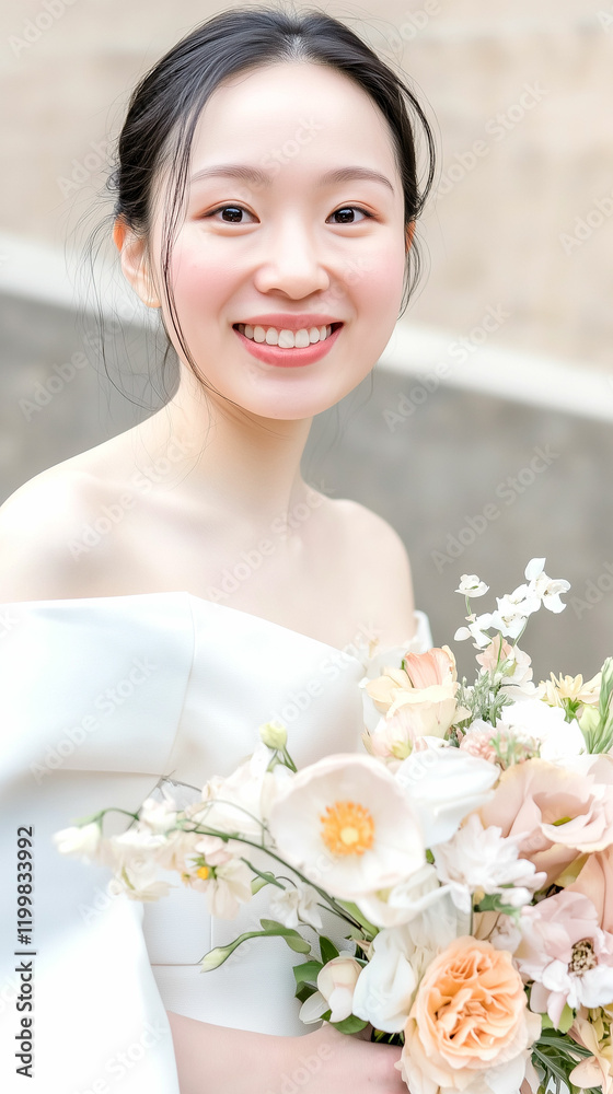 Radiant bride holding a delicate bouquet in an elegant outdoor setting during a sunny afternoon Radiant bride holding a delicate bouquet in an elegant outdoor setting during a sunny afternoon
